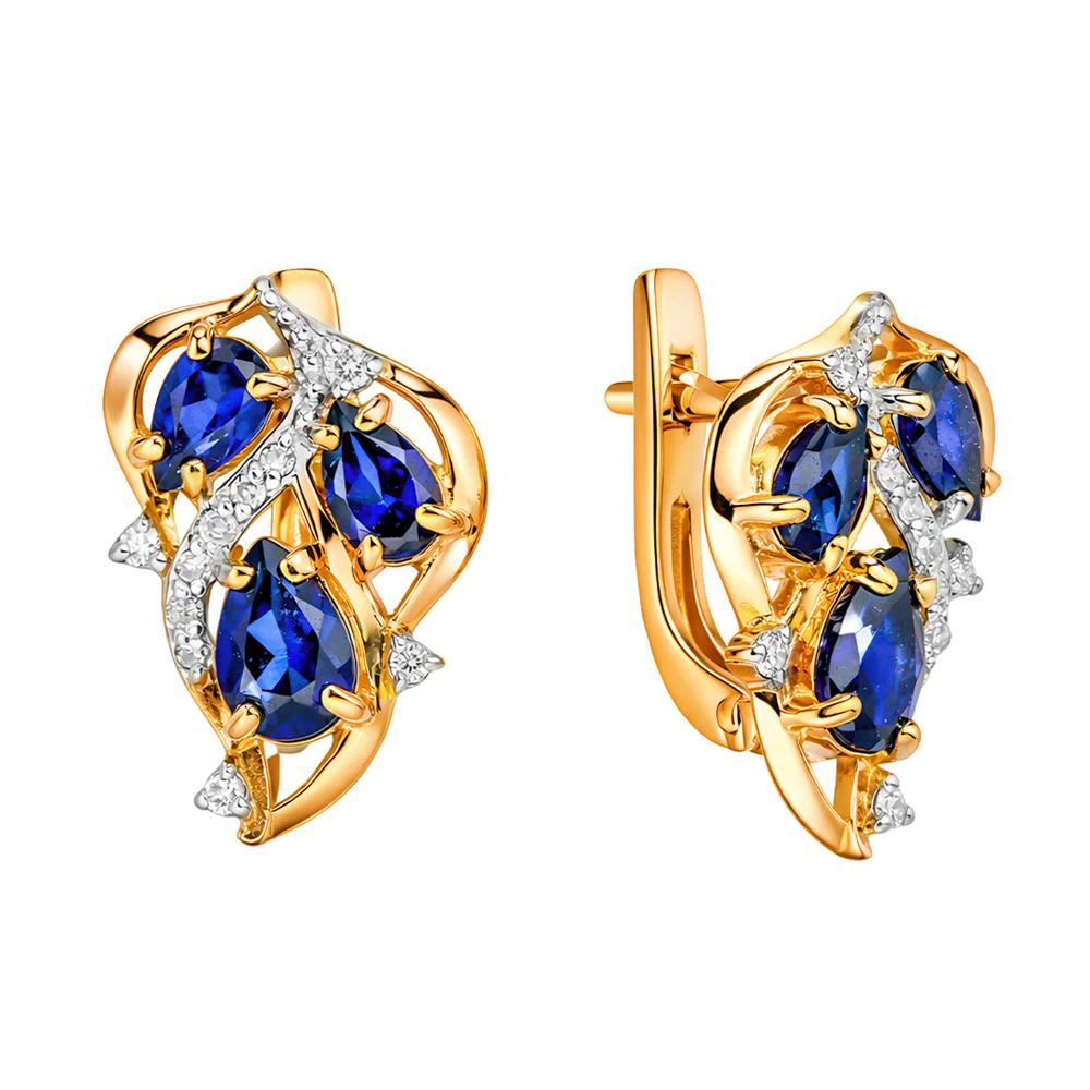 Серьги с сапфиром синтетическим и бриллиантами из красного золота 585 пробы