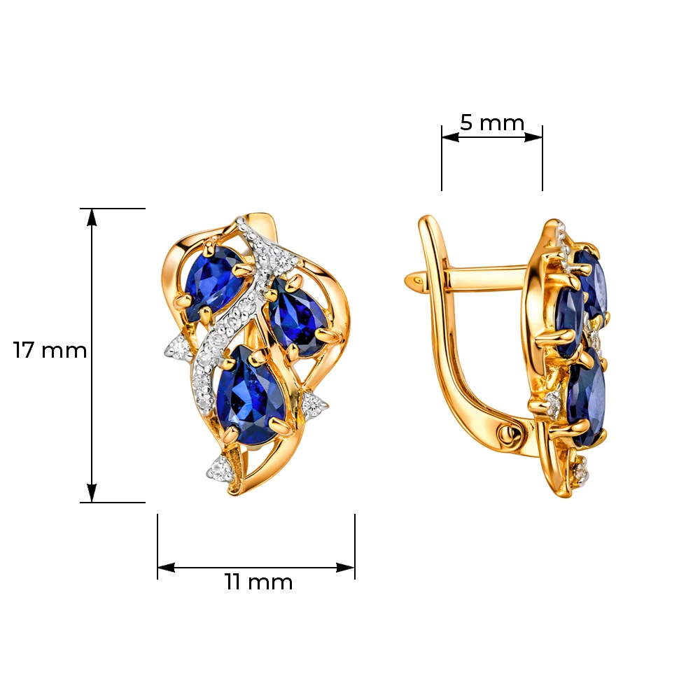 Серьги с сапфиром синтетическим и бриллиантами из красного золота 585 пробы