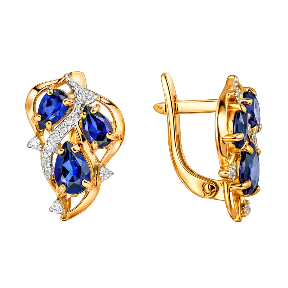 Серьги с сапфиром синтетическим и бриллиантами из красного золота 585 пробы