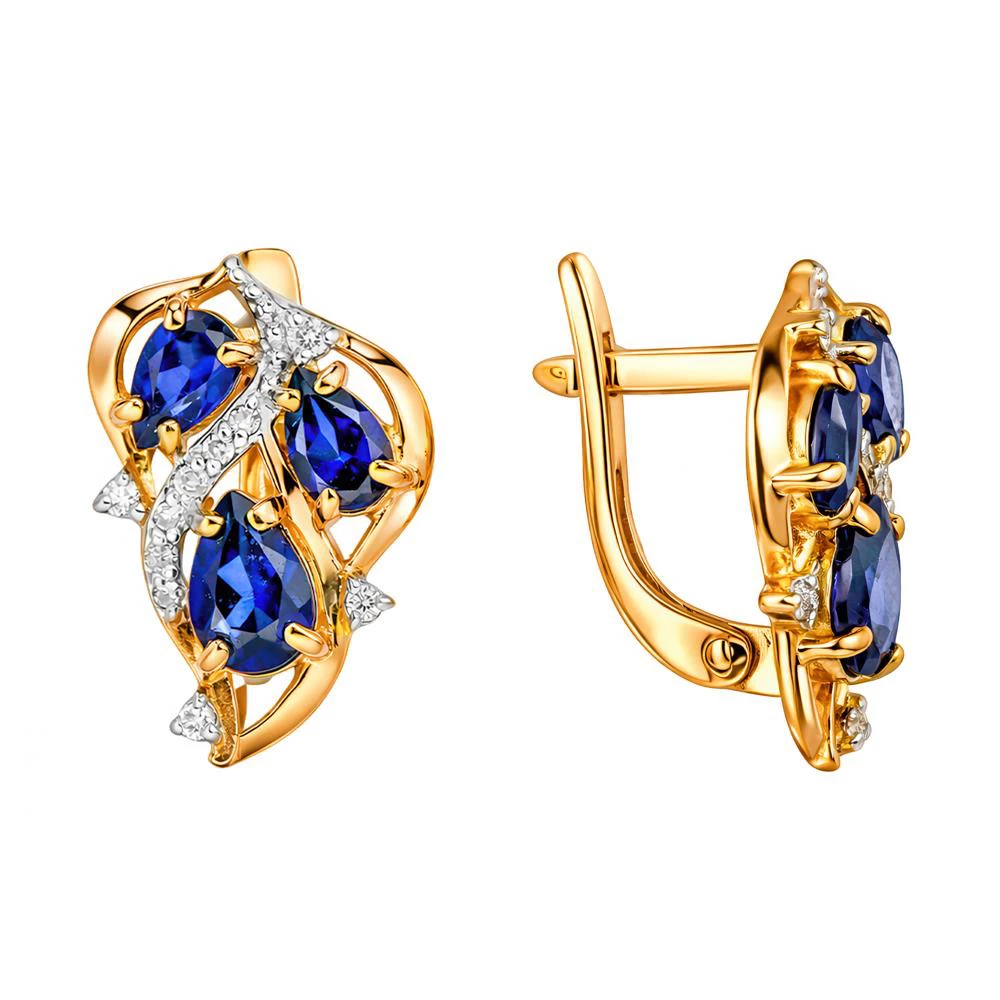 Серьги с сапфиром синтетическим и бриллиантами из красного золота 585 пробы