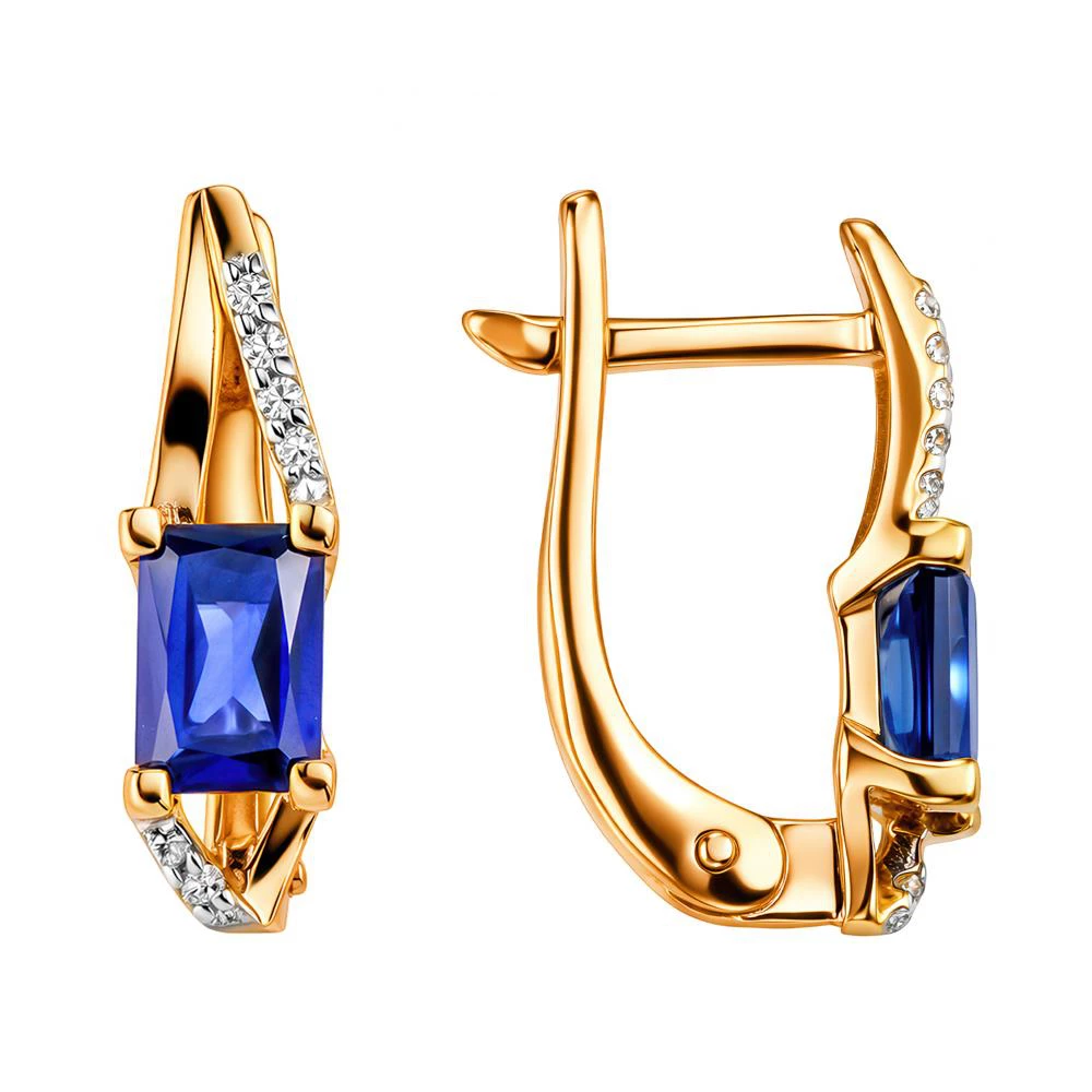 Серьги с сапфиром синтетическим и бриллиантами из красного золота 375 пробы Серьги с сапфиром синтетическим и бриллиантами из красного золота 375 пробы