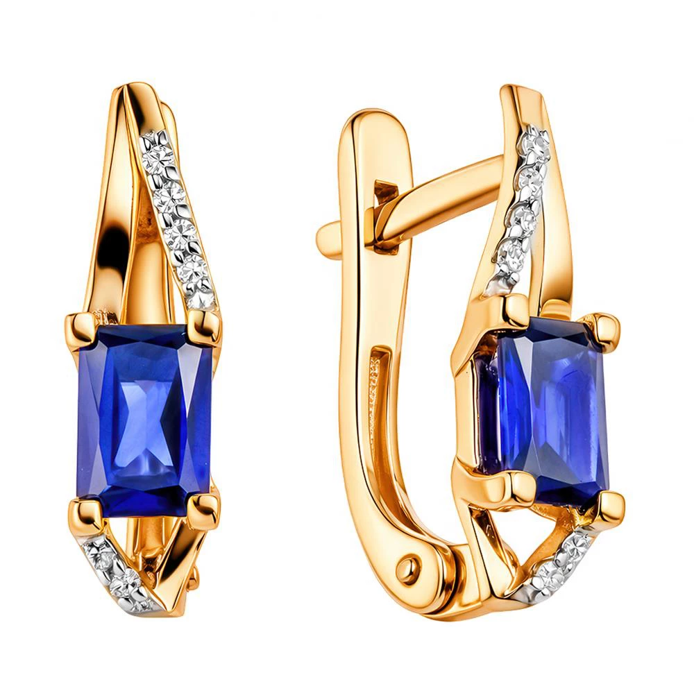 Серьги с сапфиром синтетическим и бриллиантами из красного золота 375 пробы Серьги с сапфиром синтетическим и бриллиантами из красного золота 375 пробы