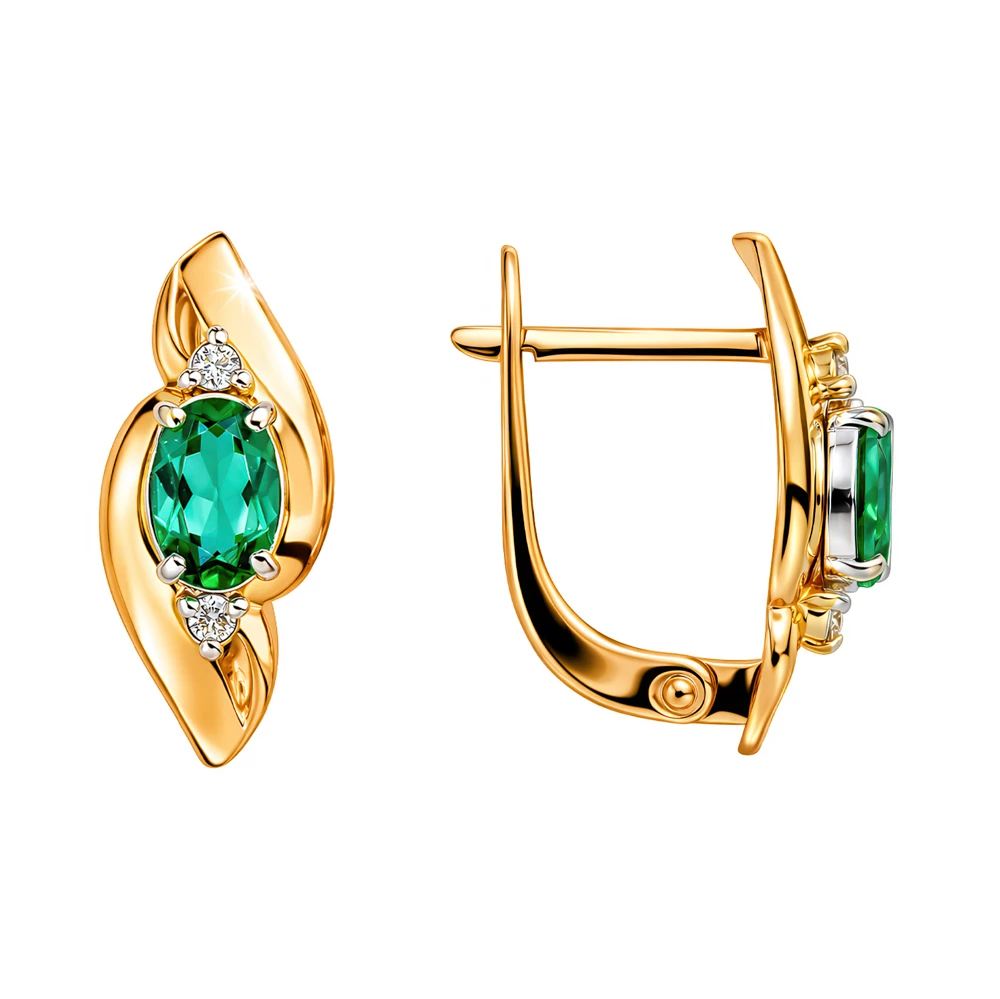 Серьги с гидротермальным изумрудом и бриллиантами из красного золота 585 пробы