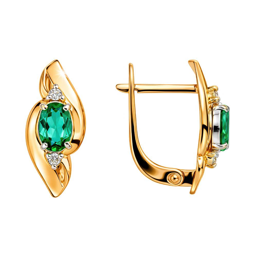 Серьги с гидротермальным изумрудом и бриллиантами из красного золота 585 пробы