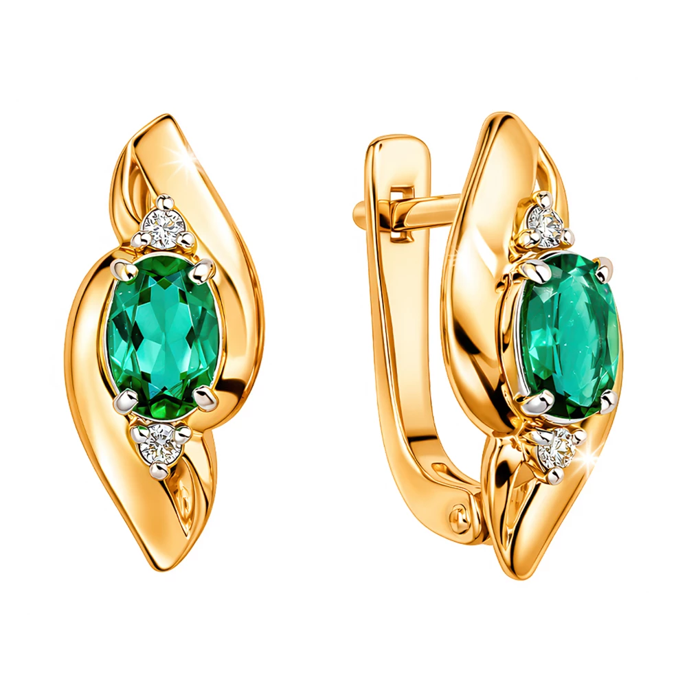 Серьги с гидротермальным изумрудом и бриллиантами из красного золота 585 пробы