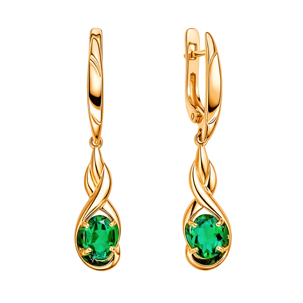 Серьги с гидротермальными изумрудами из красного золота 585 пробы