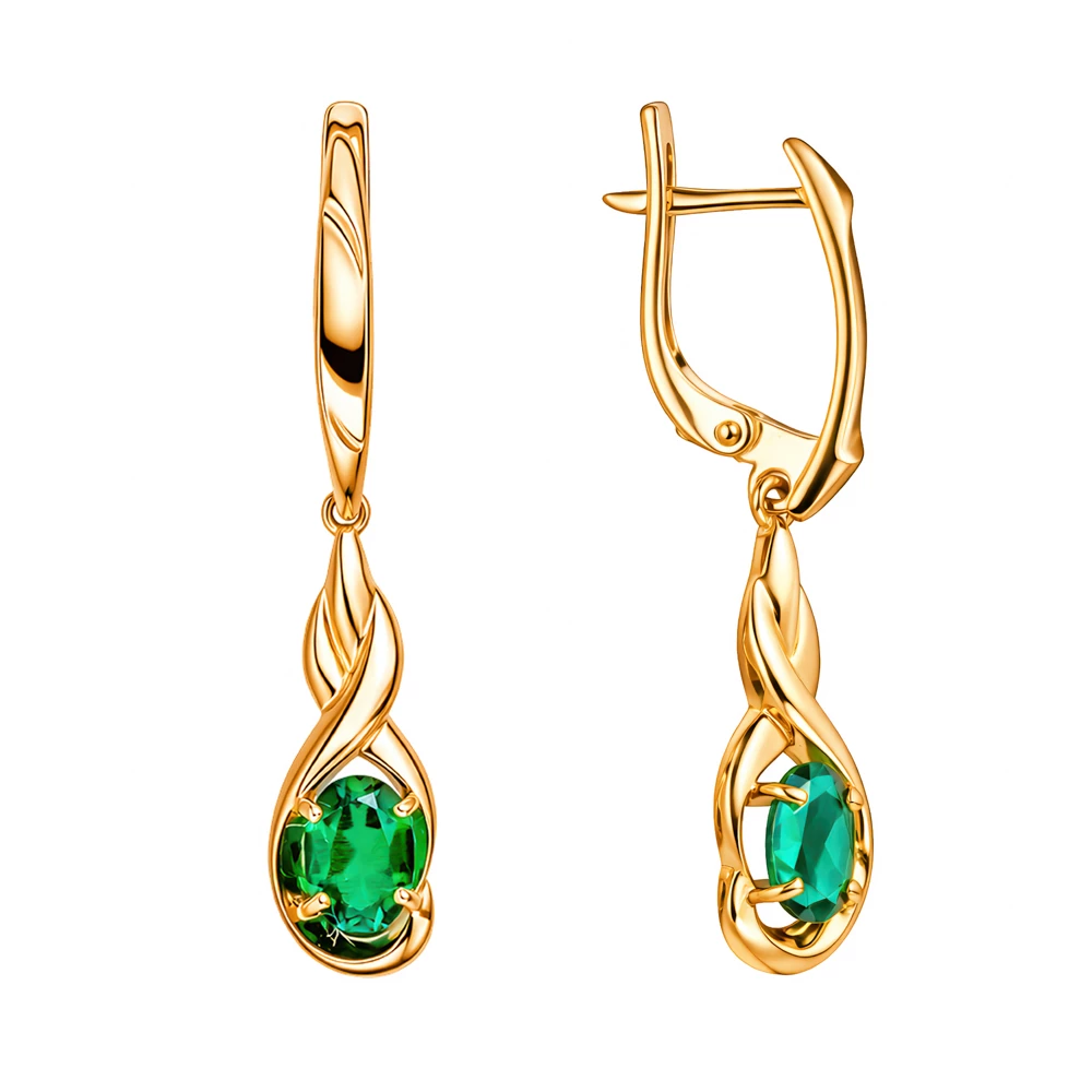 Серьги с гидротермальными изумрудами из красного золота 585 пробы