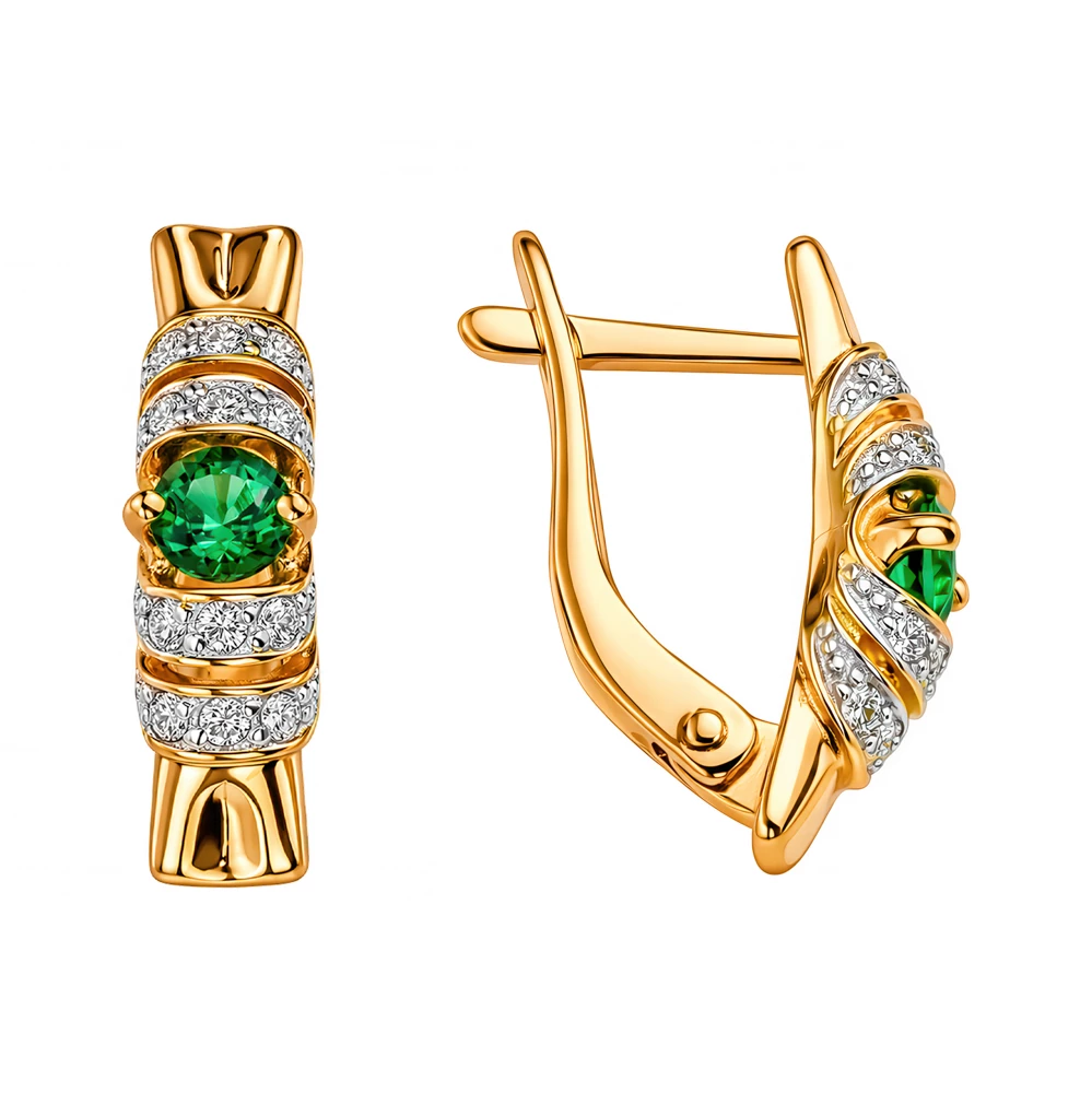 Серьги с гидротермальным изумрудом и бриллиантами из красного золота 585 пробы
