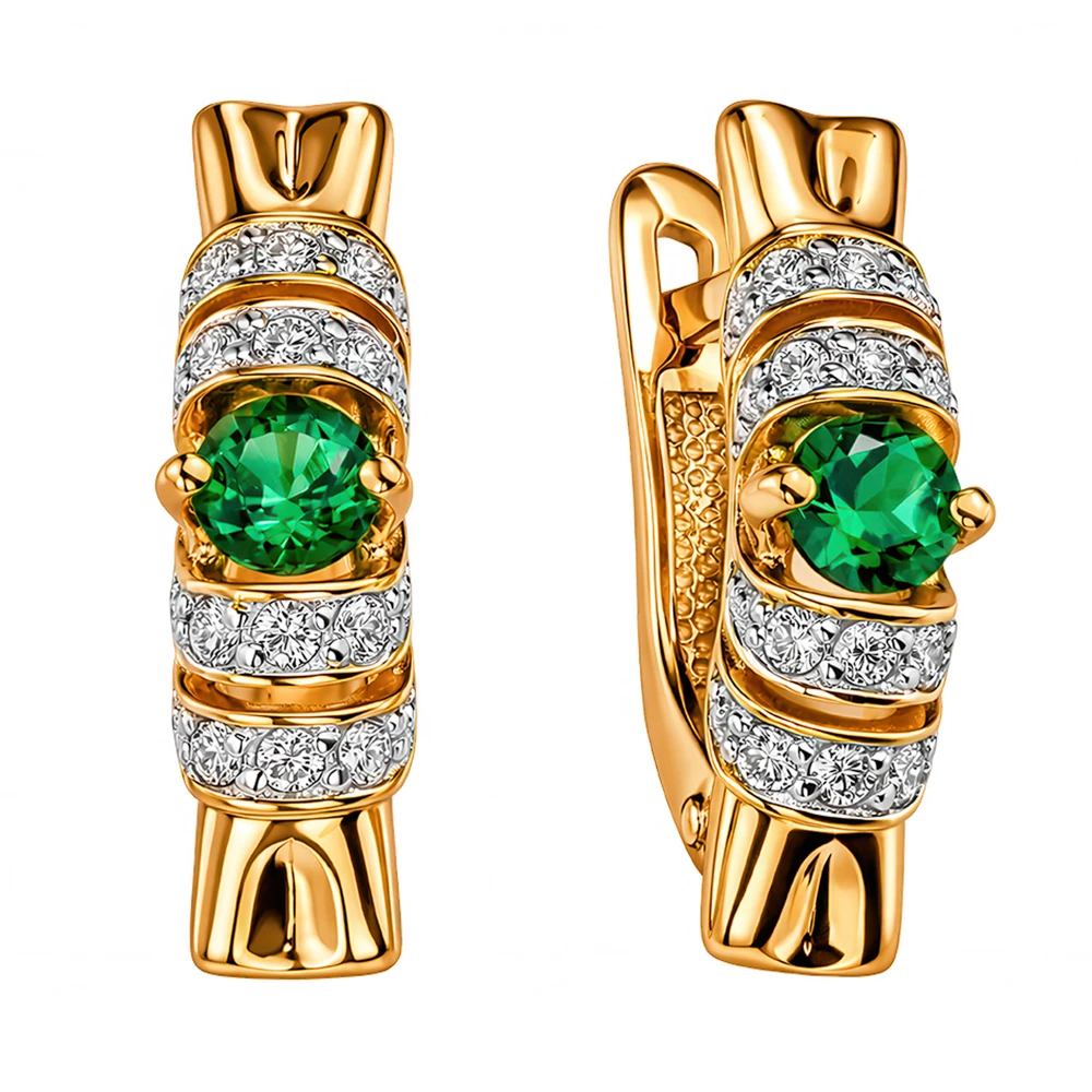 Серьги с гидротермальным изумрудом и бриллиантами из красного золота 585 пробы