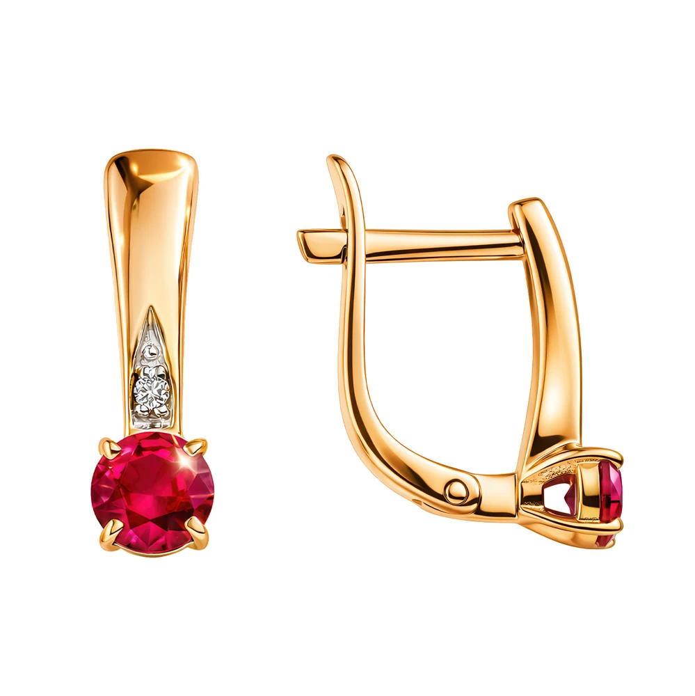 Серьги с рубином синтетическим и бриллиантами из красного золота 375 пробы
