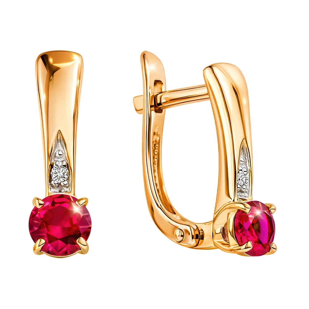 Серьги с рубином синтетическим и бриллиантами из красного золота 375 пробы