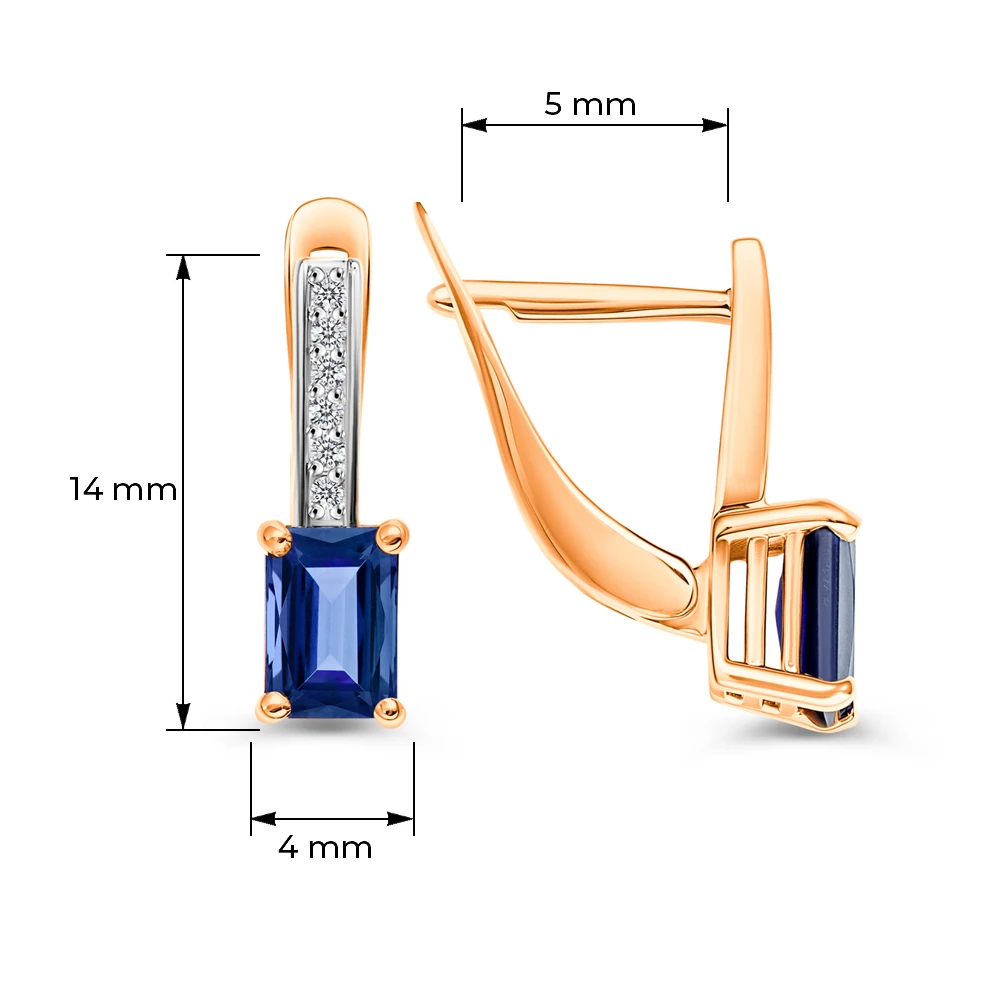 Серьги с сапфиром синтетическим и бриллиантами из красного золота 585 пробы