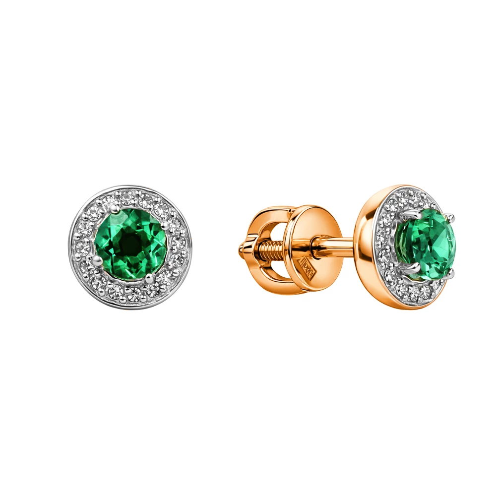 Серьги с гидротермальным изумрудом и бриллиантами из красного золота 375 пробы