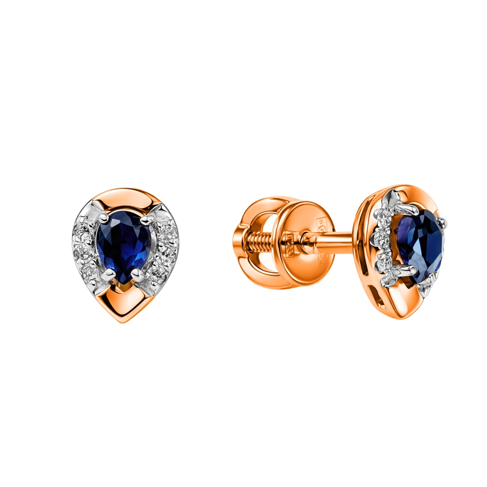 Серьги с сапфиром синтетическим и бриллиантами из красного золота 375 пробы