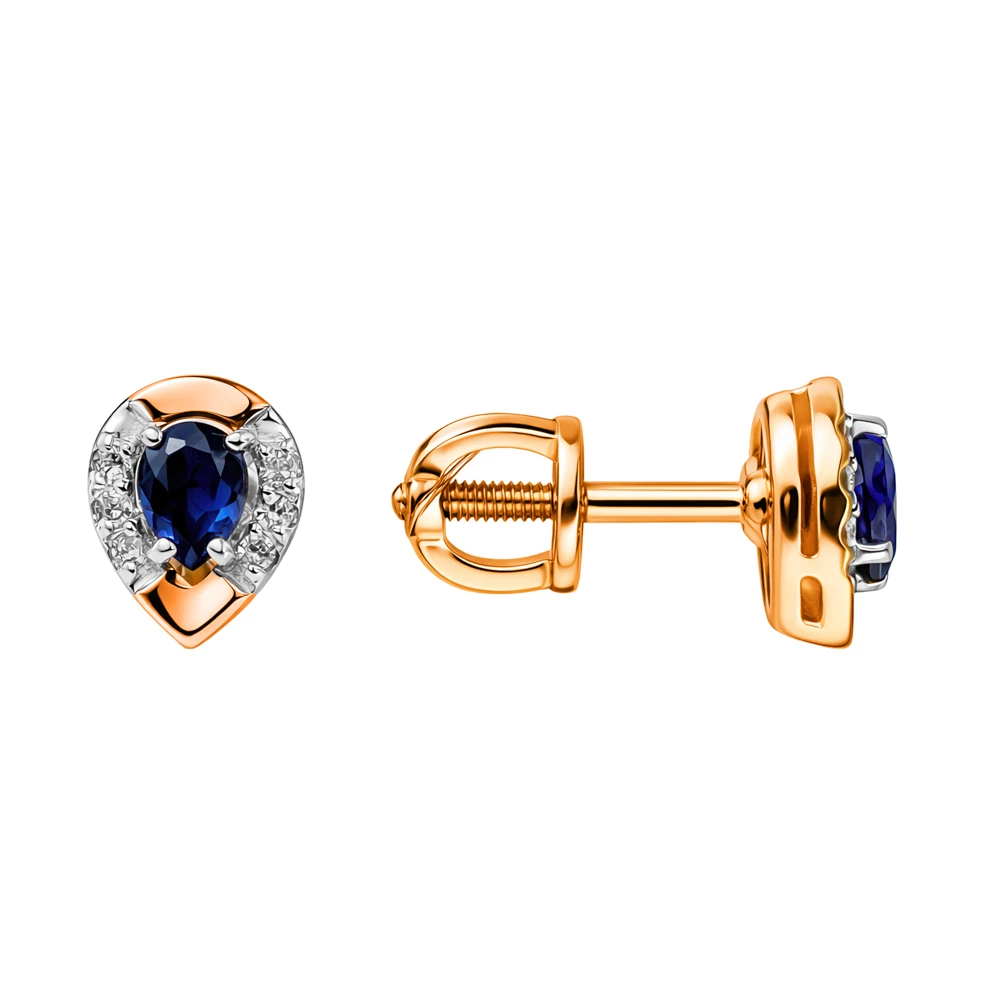 Серьги с сапфиром синтетическим и бриллиантами из красного золота 375 пробы