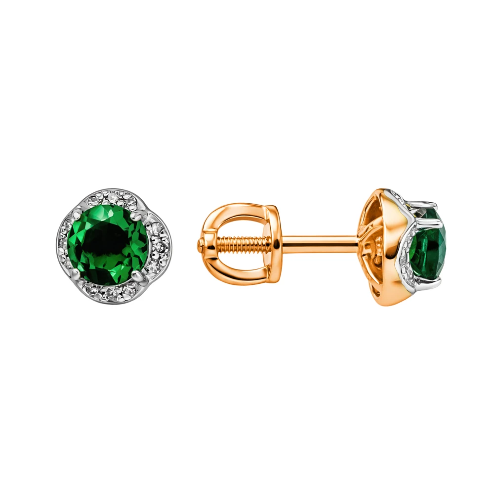 Серьги с гидротермальным изумрудом и бриллиантами из красного золота 375 пробы