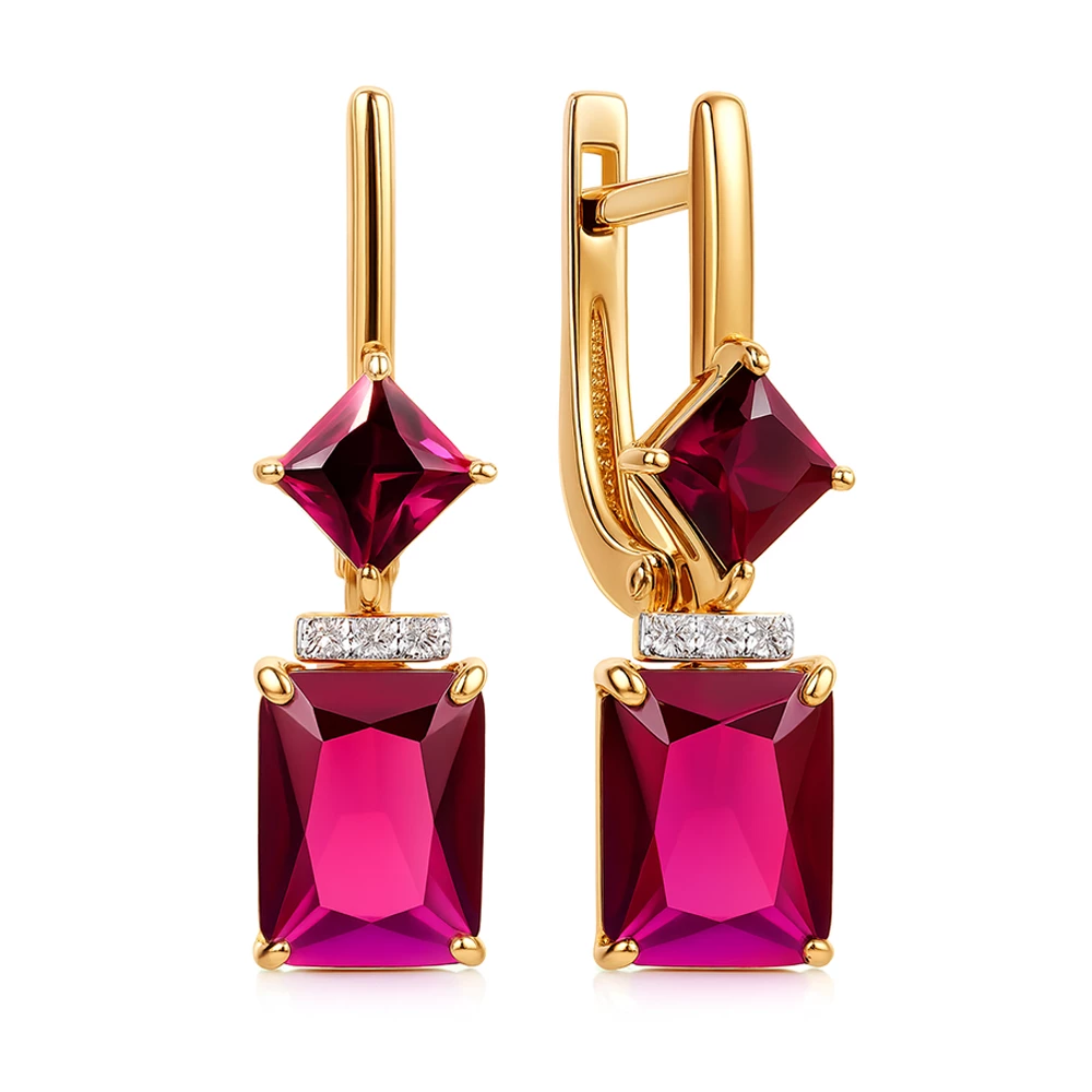 Серьги с рубином синтетическим и бриллиантами из красного золота 375 пробы Серьги с рубином синтетическим и бриллиантами из красного золота 375 пробы