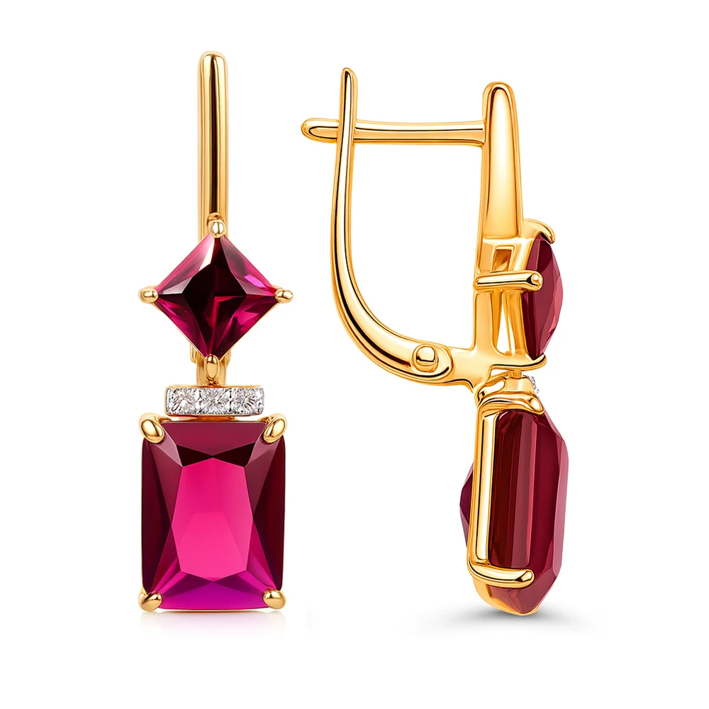 Серьги с рубином синтетическим и бриллиантами из красного золота 375 пробы Серьги с рубином синтетическим и бриллиантами из красного золота 375 пробы