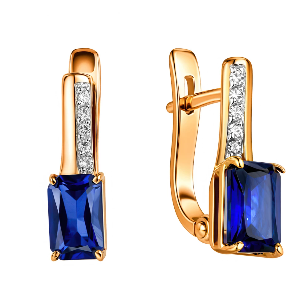 Серьги с сапфиром синтетическим и бриллиантами из красного золота 375 пробы