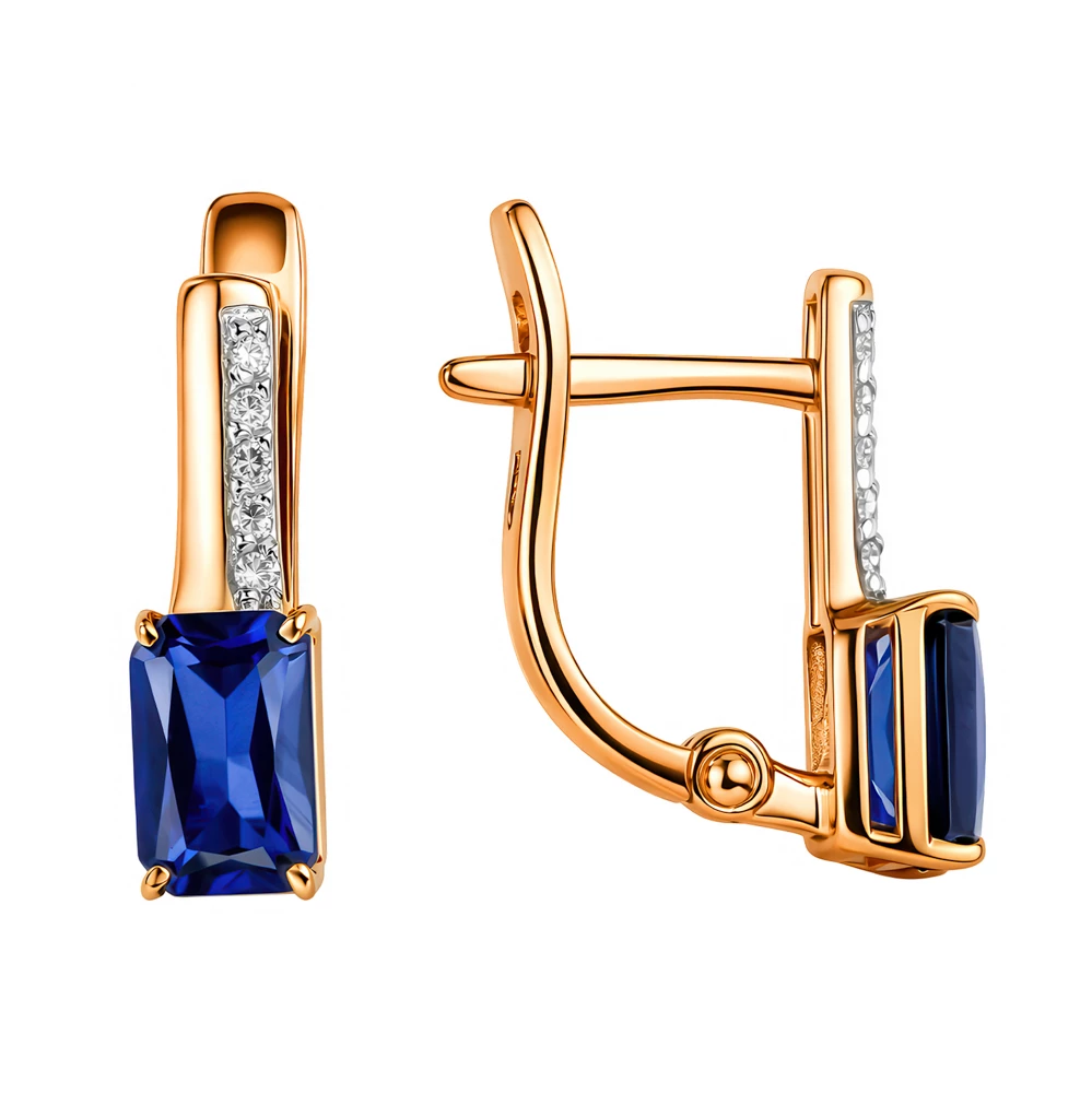 Серьги с сапфиром синтетическим и бриллиантами из красного золота 375 пробы