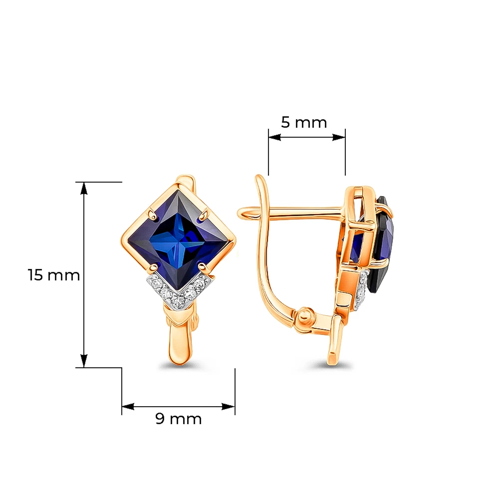 Серьги с сапфиром синтетическим и бриллиантами из красного золота 375 пробы Серьги с сапфиром синтетическим и бриллиантами из красного золота 375 пробы