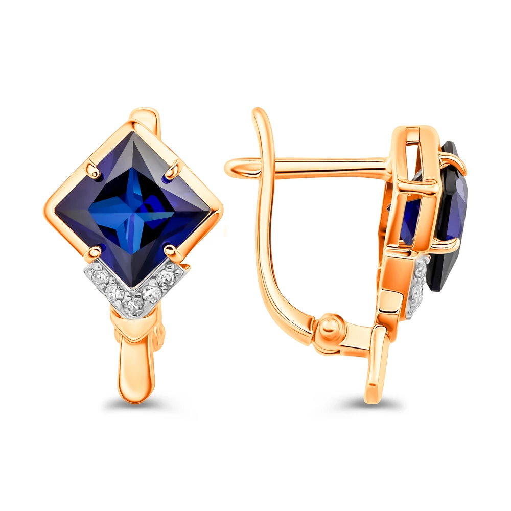 Серьги с сапфиром синтетическим и бриллиантами из красного золота 375 пробы Серьги с сапфиром синтетическим и бриллиантами из красного золота 375 пробы