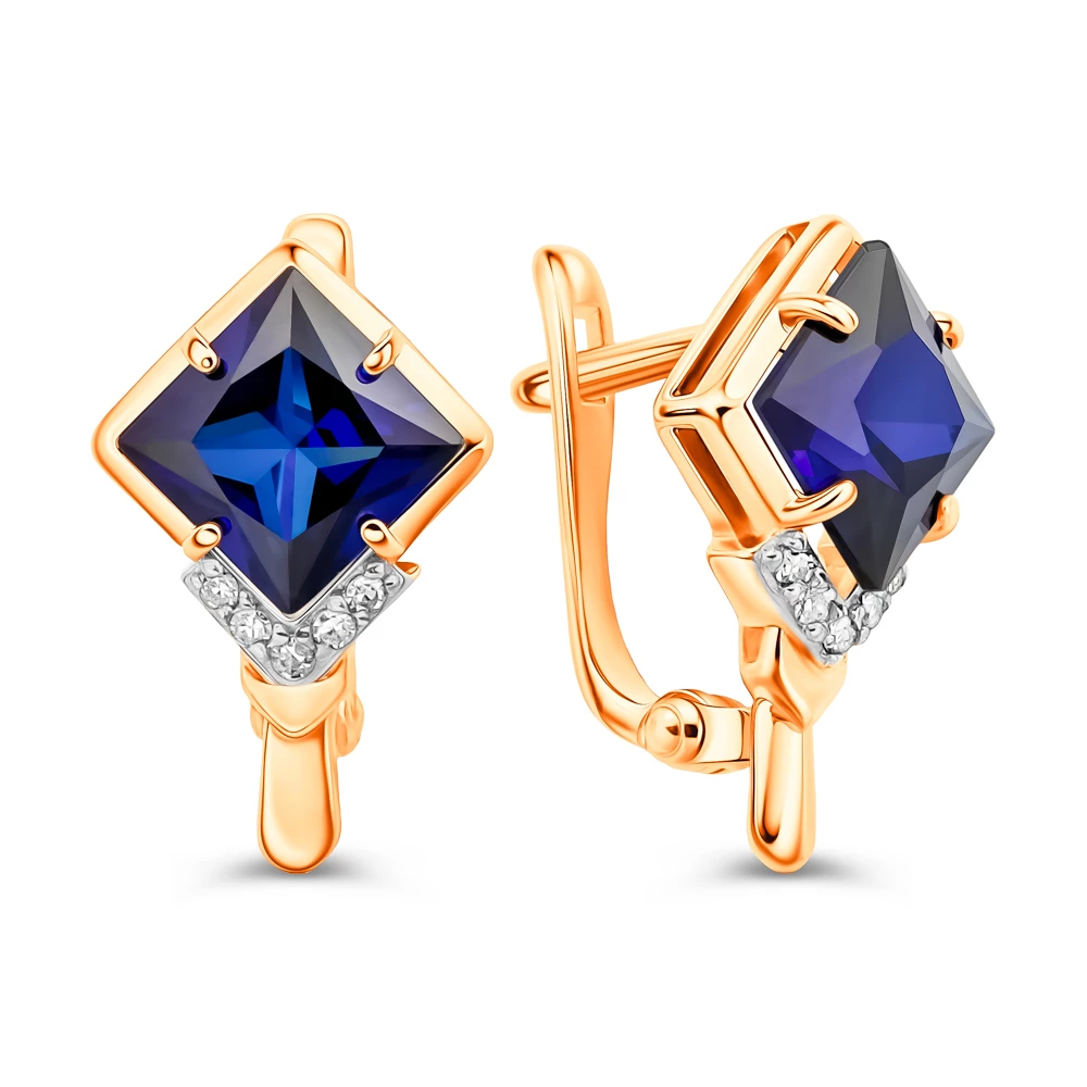 Серьги с сапфиром синтетическим и бриллиантами из красного золота 375 пробы Серьги с сапфиром синтетическим и бриллиантами из красного золота 375 пробы