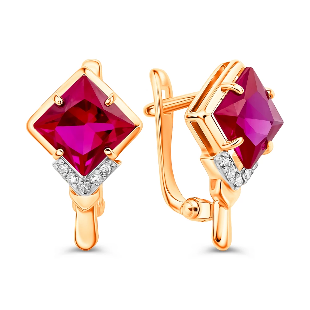 Серьги с рубином синтетическим и бриллиантами из красного золота 375 пробы Серьги с рубином синтетическим и бриллиантами из красного золота 375 пробы