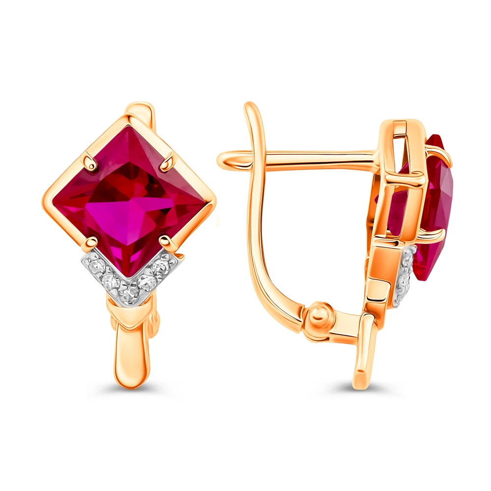Серьги с рубином синтетическим и бриллиантами из красного золота 375 пробы Серьги с рубином синтетическим и бриллиантами из красного золота 375 пробы