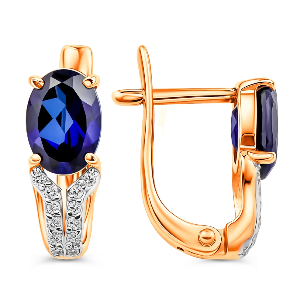 Серьги с сапфиром синтетическим и бриллиантами из красного золота 375 пробы