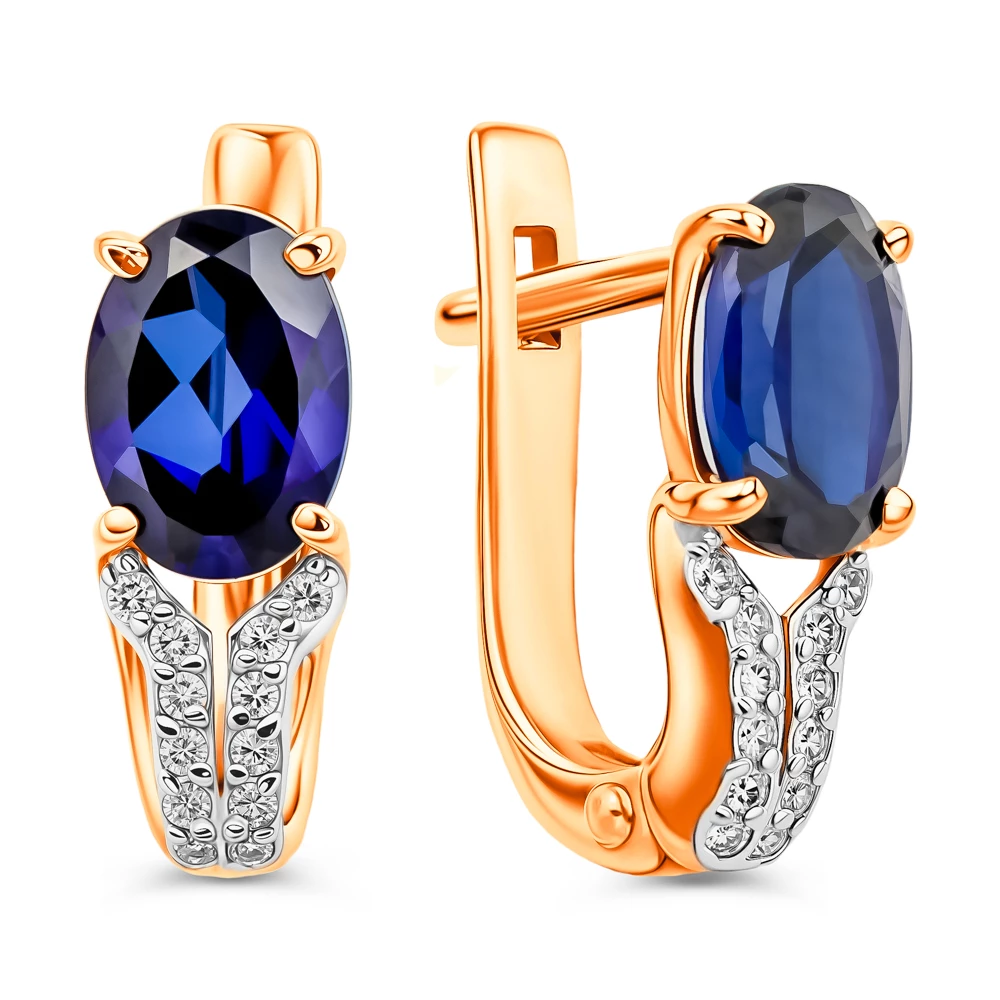 Серьги с сапфиром синтетическим и бриллиантами из красного золота 375 пробы