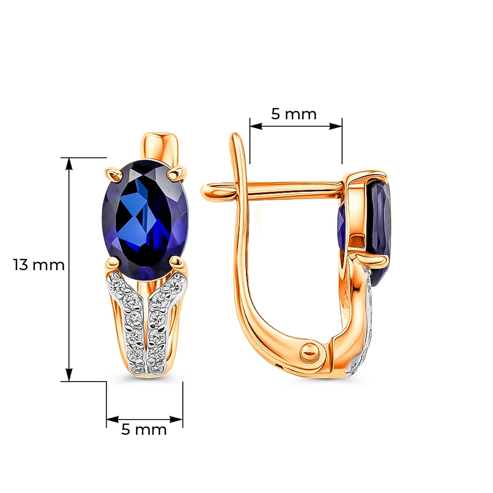 Серьги с сапфиром синтетическим и бриллиантами из красного золота 375 пробы