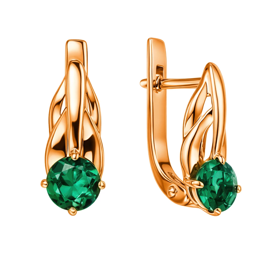Серьги с гидротермальными изумрудами из красного золота 375 пробы