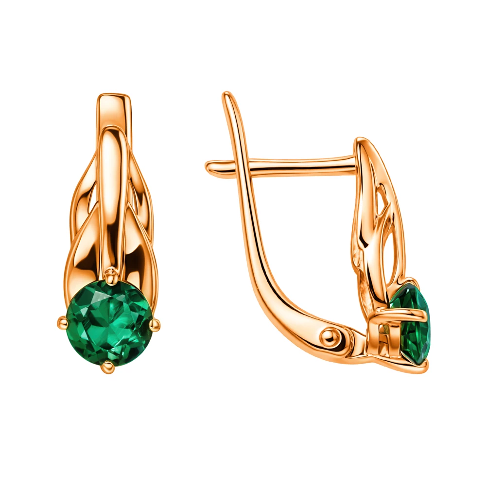 Серьги с гидротермальными изумрудами из красного золота 375 пробы