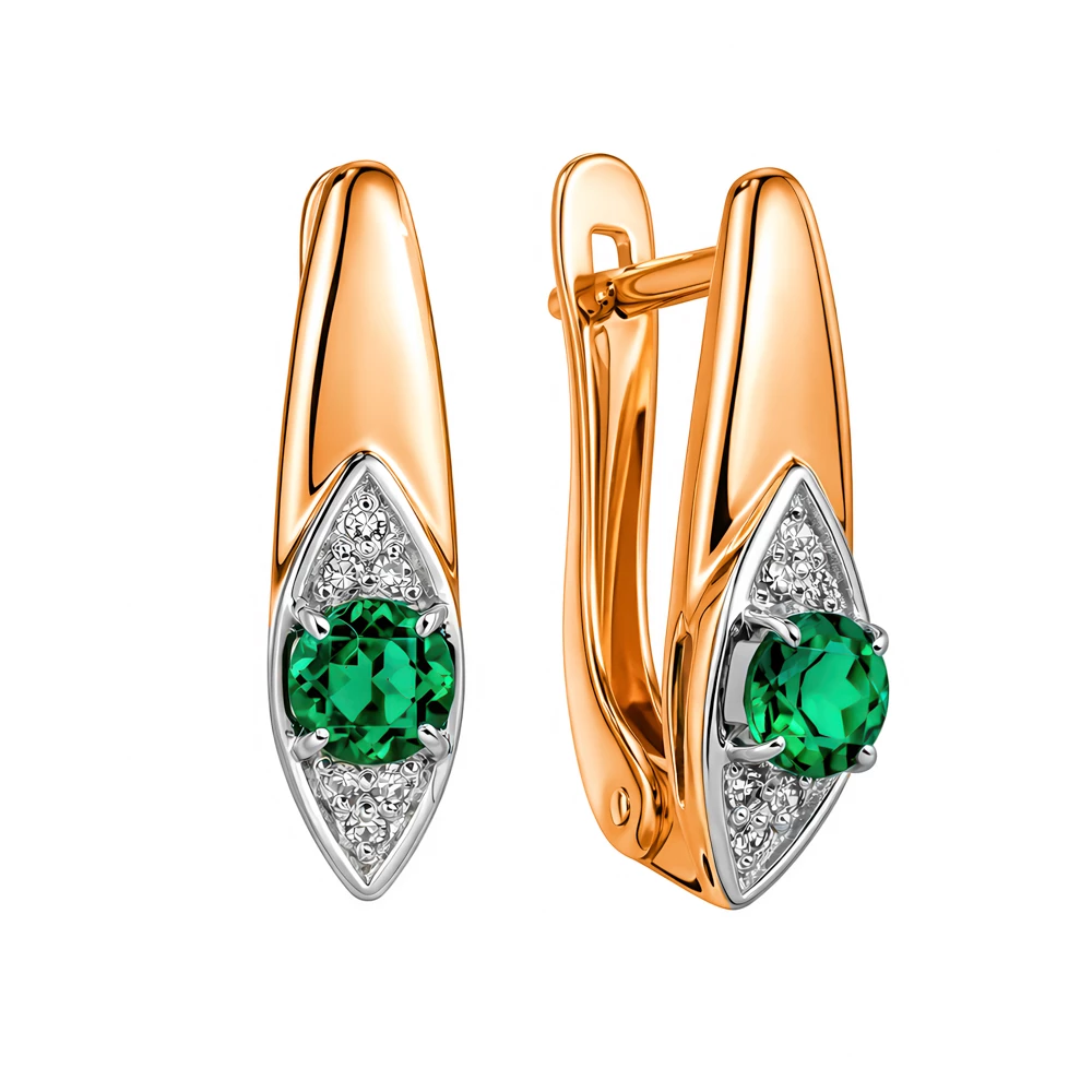 Серьги с изумрудом синтетическим и бриллиантами из красного золота 585 пробы