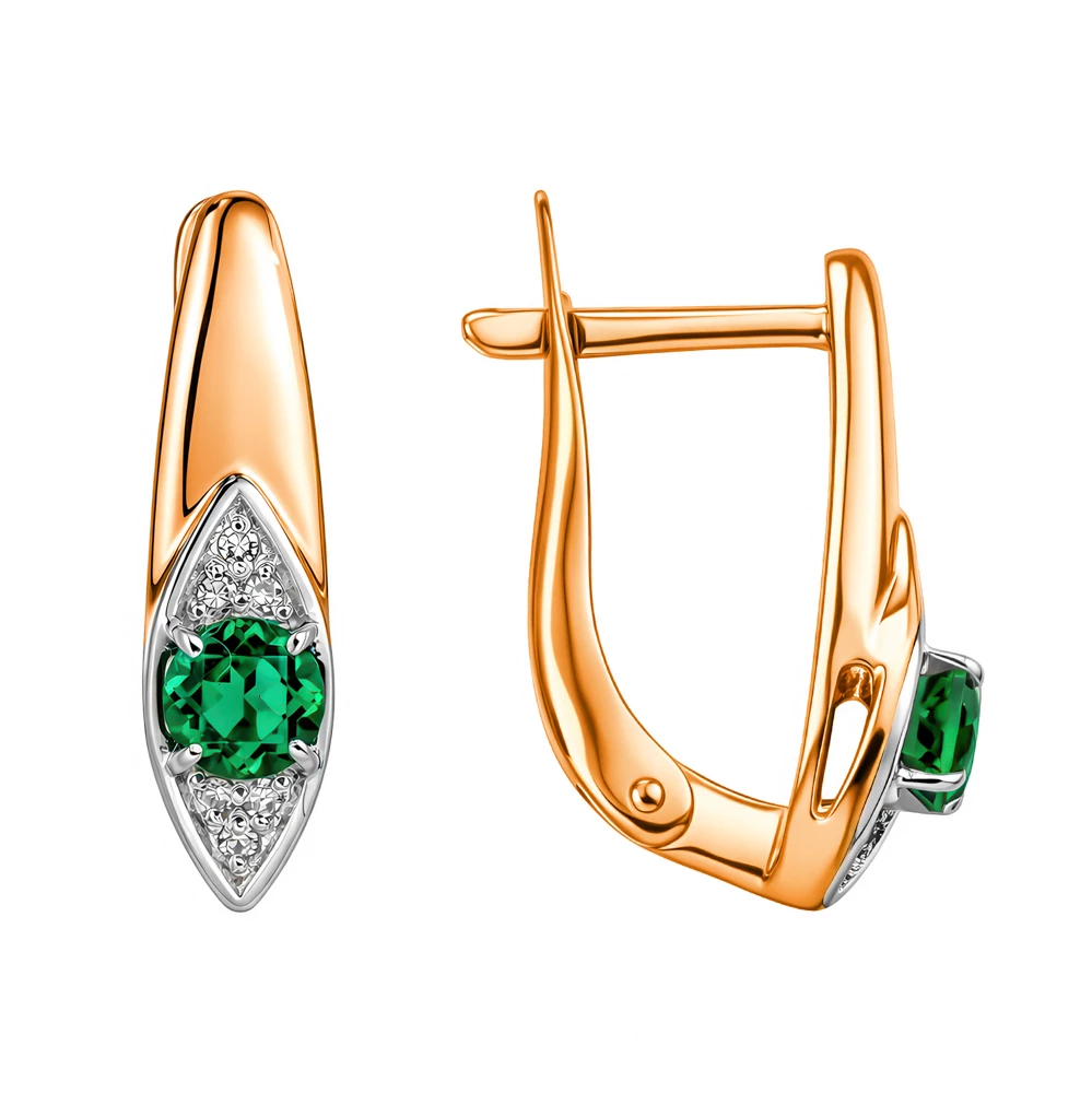 Серьги с изумрудом синтетическим и бриллиантами из красного золота 585 пробы