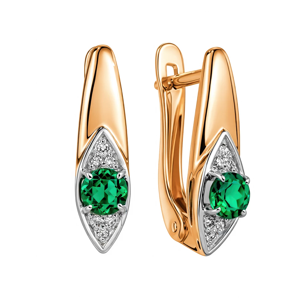 Серьги с изумрудом синтетическим и бриллиантами из красного золота 585 пробы