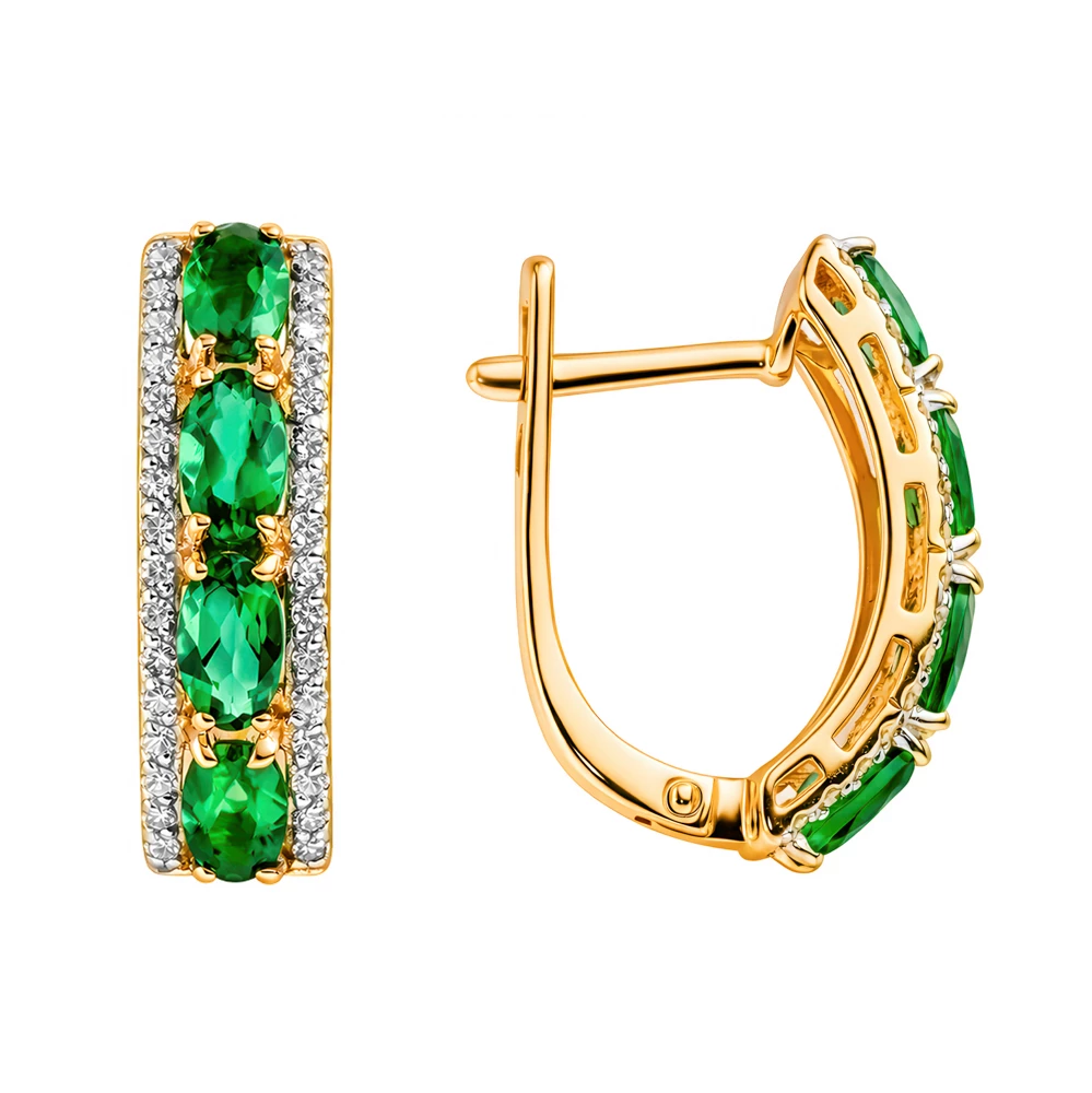 Серьги с изумрудом синтетическим и бриллиантами из красного золота 585 пробы