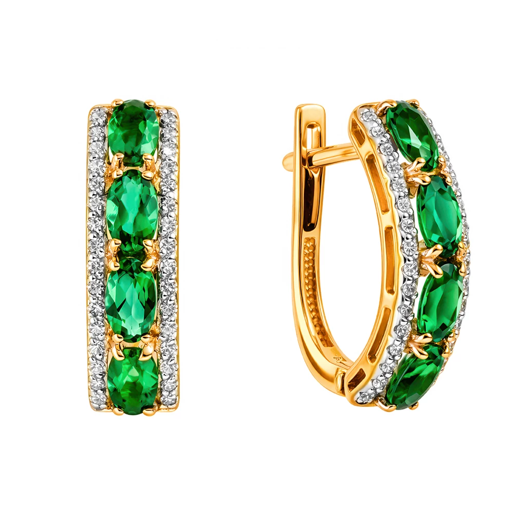 Серьги с изумрудом синтетическим и бриллиантами из красного золота 585 пробы