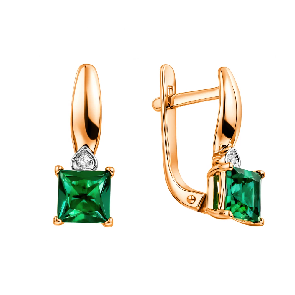 Серьги с изумрудом синтетическим и бриллиантами из красного золота 585 пробы