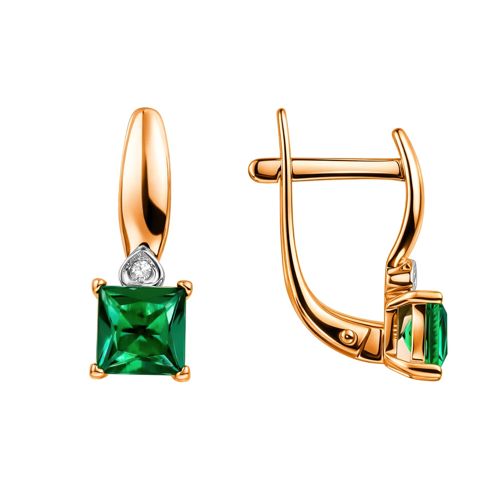 Серьги с изумрудом синтетическим и бриллиантами из красного золота 585 пробы