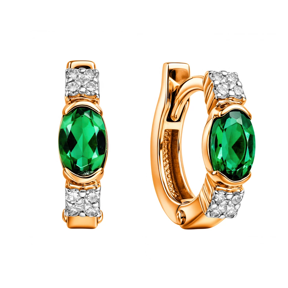 Серьги с изумрудом синтетическим и бриллиантами из красного золота 585 пробы