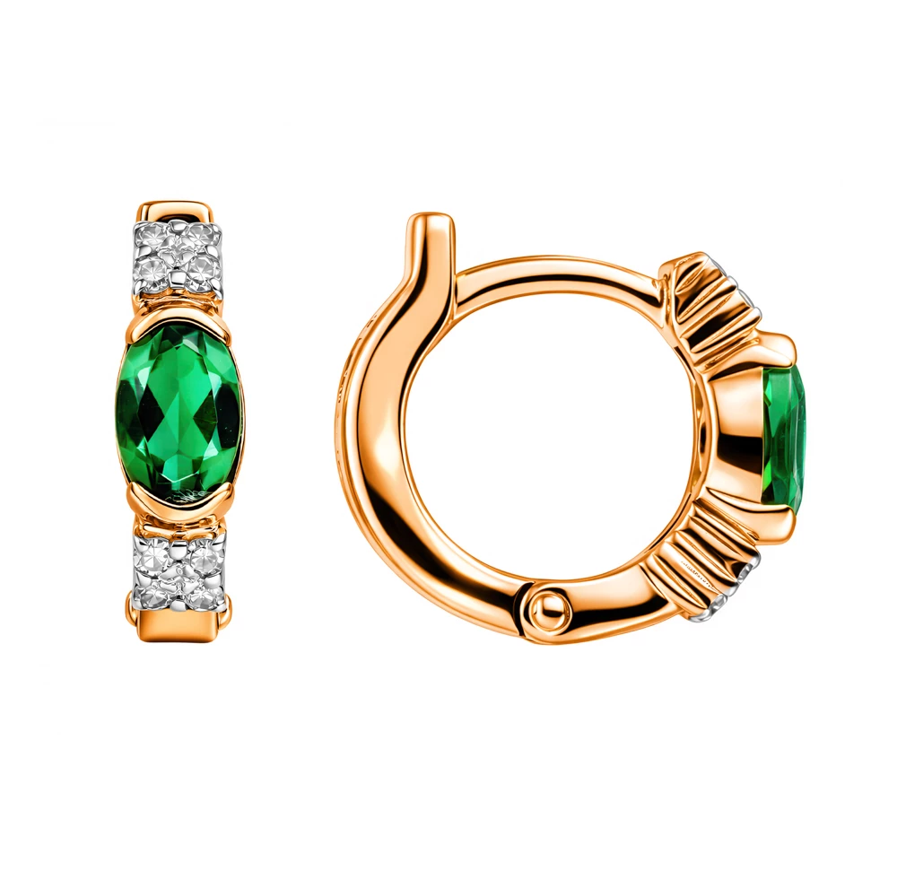 Серьги с изумрудом синтетическим и бриллиантами из красного золота 585 пробы