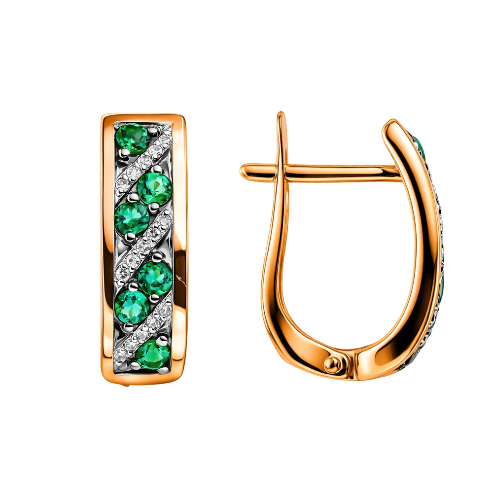 Серьги с изумрудом синтетическим и бриллиантами из красного золота 585 пробы