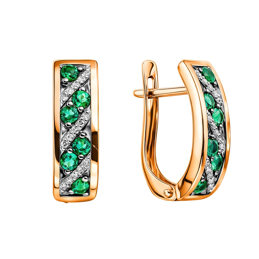 Серьги с изумрудом синтетическим и бриллиантами из красного золота 585 пробы