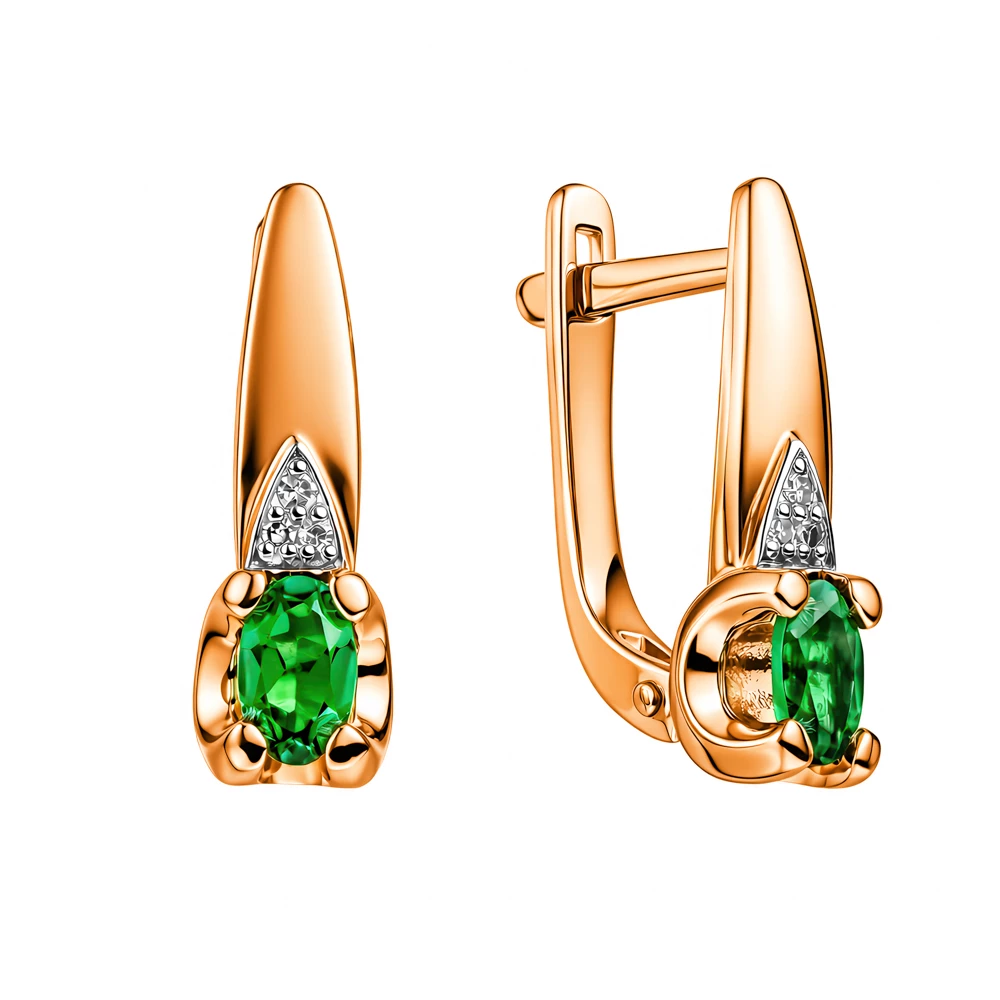 Серьги с изумрудом синтетическим и бриллиантами из красного золота 585 пробы