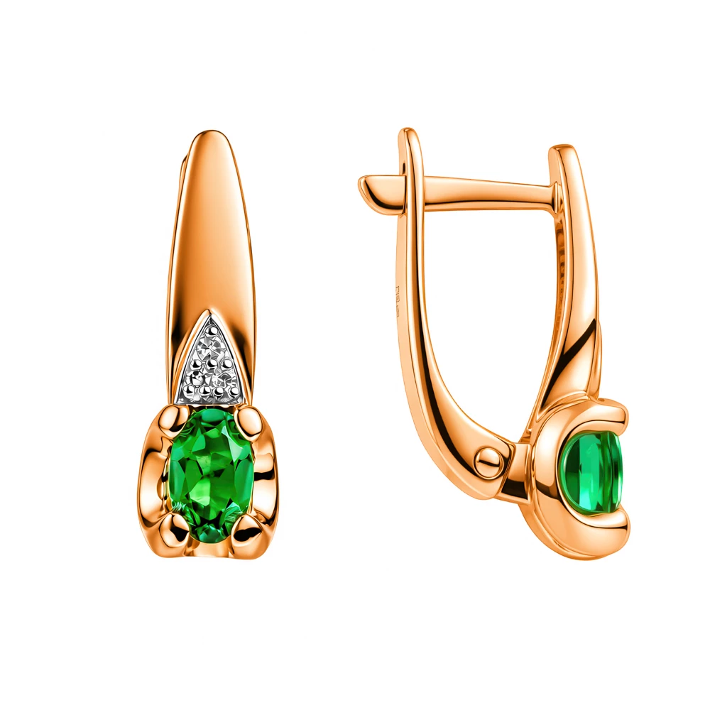 Серьги с изумрудом синтетическим и бриллиантами из красного золота 585 пробы