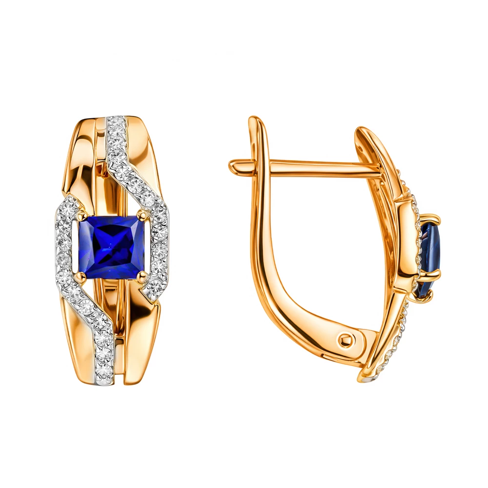 Серьги с сапфиром синтетическим и бриллиантами из красного золота 585 пробы