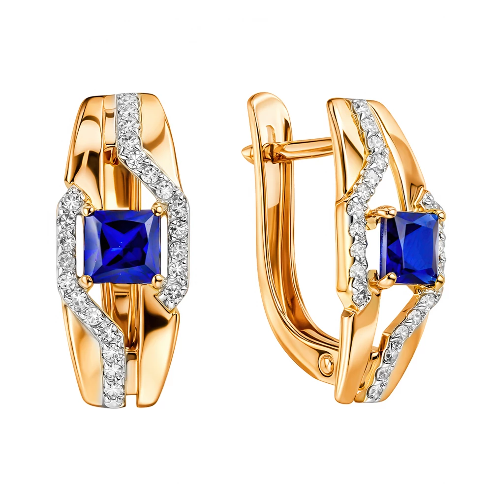 Серьги с сапфиром синтетическим и бриллиантами из красного золота 585 пробы