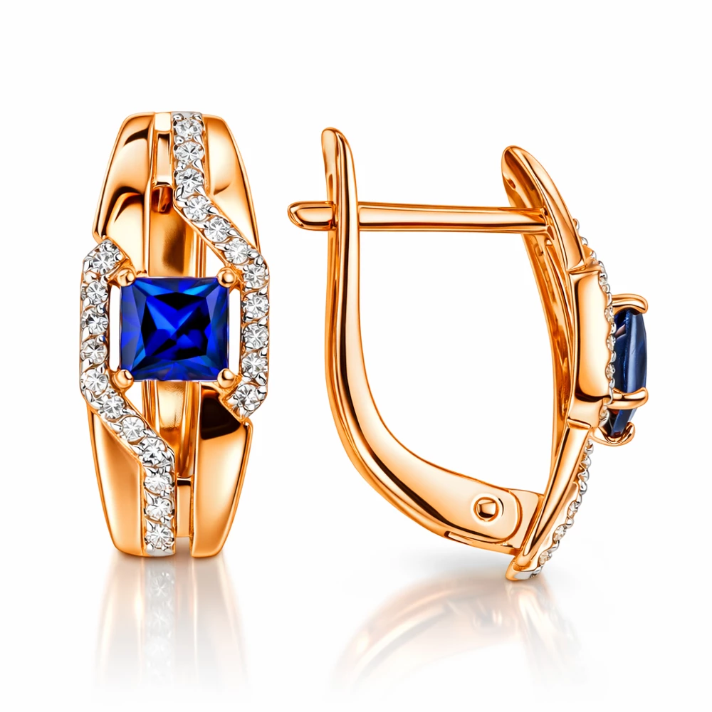 Серьги с сапфиром синтетическим и бриллиантами из красного золота 585 пробы